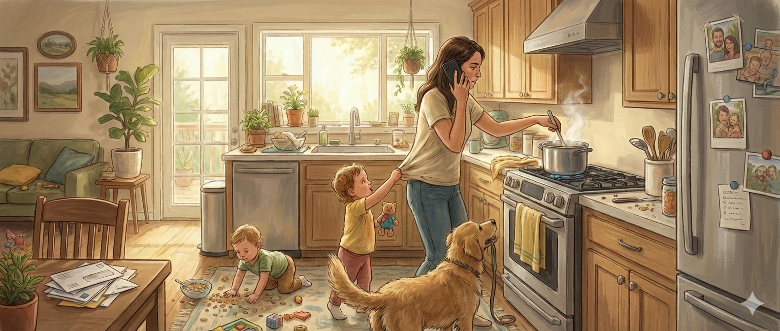 Detailed illustration of a woman juggling household tasks, kids, and calls